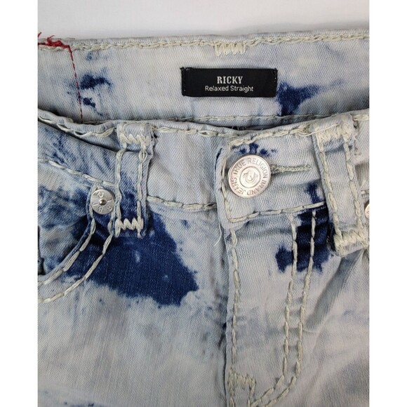 True Religion Ricky Relaxed Straight Jeans Mens 31 Thick Stitch Acid Wash - Picture 3 of 12